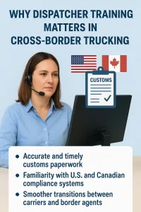 A female dispatcher handling cross-border paperwork and compliance tasks