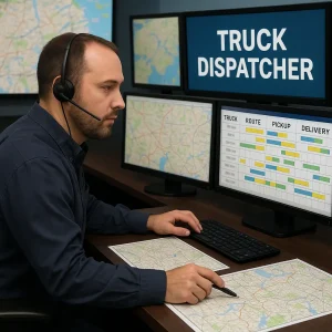 A truck dispatcher in a control center reviewing maps and schedules.