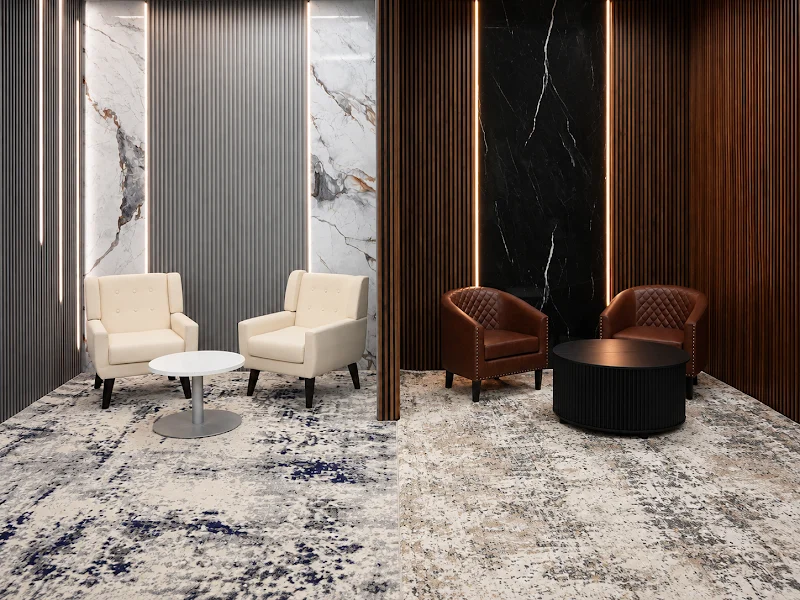 Two video podcast studio rooms side by side, one with cream armchairs and one with brown leather chairs